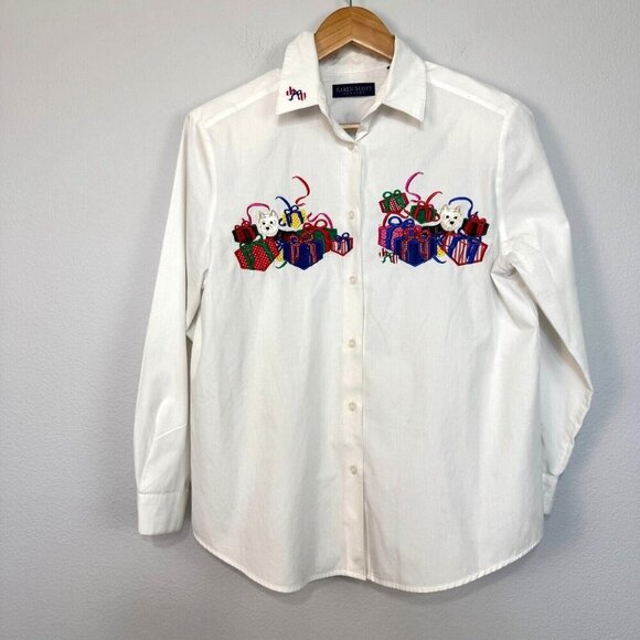 Karen Scott Holiday Scottie Presents Button Front Shirt White Size Petite Medium - Picture 1 of 16